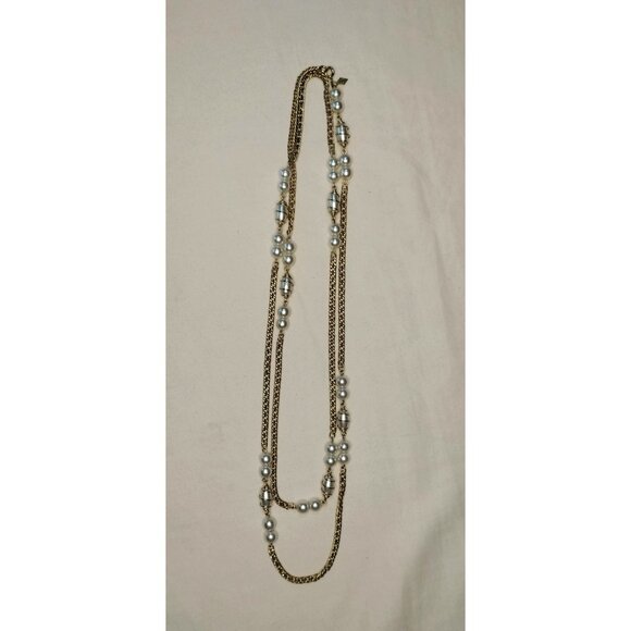 Sarah Coventry Vintage Gold Tone Chain Faux Pearl Pendant Long Necklace Jewelry - Picture 4 of 16